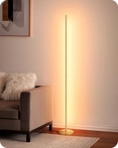 Image of EDISHINE LED Floor Lamp, 146cm Minimalist Dimmable Standing Lamp with Foot Switch, Stepless Dimming, Tall Corner Lamp for Living Room, Bedroom, Office, 3000K, Gold