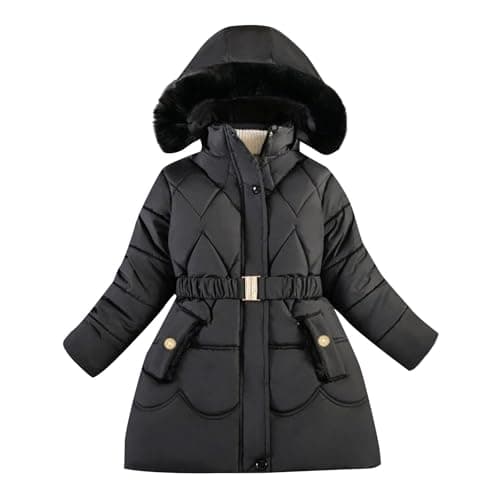 Image of Girls Belted Long Winter Coat Faux Fur Hooded Quilted Windproof Warm Length Puffer Jacket Kids Casual Outdoor Outerwear (Black, 7-8 Years)