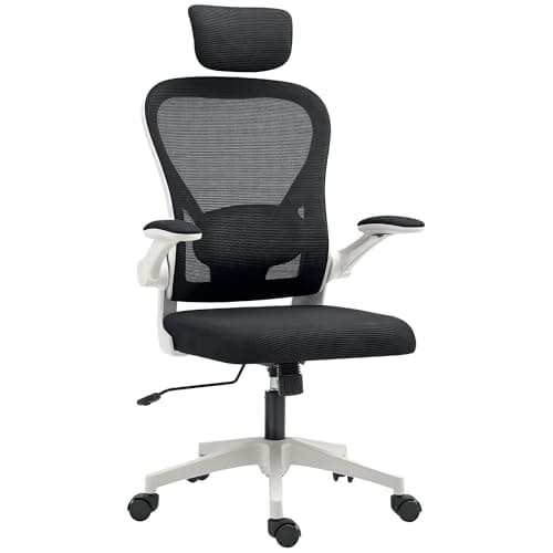 Image of HOMCOM Executive Office Chair, Ergonomic Mesh High Back Desk Chair with Flip-up Armrest, Rotatable Headrest, Adjustable Lumbar Support for Home Study, Black