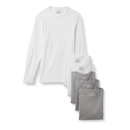 Image of Amazon Essentials Men's Slim-Fit Cotton Crew Neck Vests, Pack of 6, Medium Grey Heather/White Long Sleeve, S