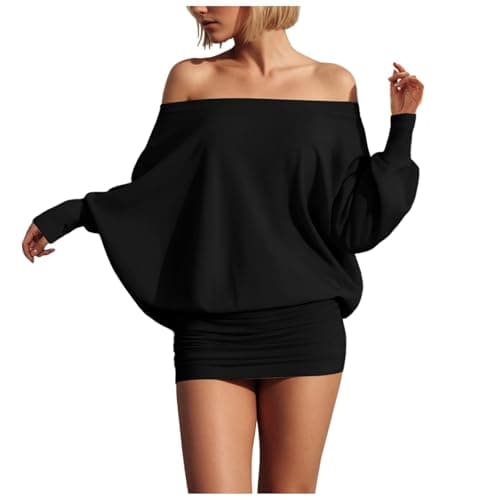 Image of Loose Fit Sheer Dress Batwing Off The Shoulder Long Sleeve Mini Ruched Oversized Casual Streetwear Sexy Dress Black