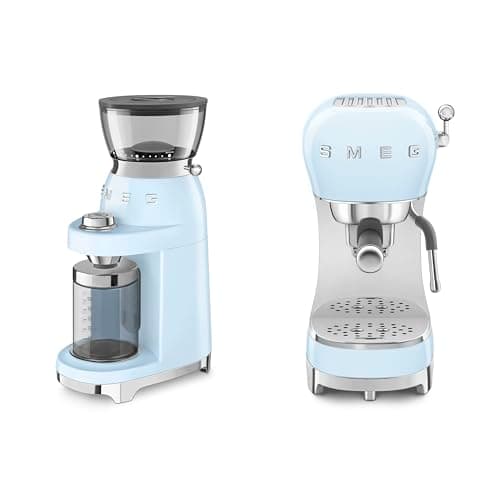 Image of Smeg 50s Style Espresso Coffee Machine and 50's Style Electric Coffee Grinder Pastel Blue CGF03PBUK / ECF02PBUK