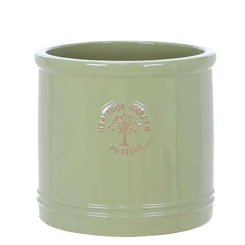 Image of Small 19cm Green Heritage Cylinder Garden Ceramic Planter Plant Flower Pot - Frost Proof