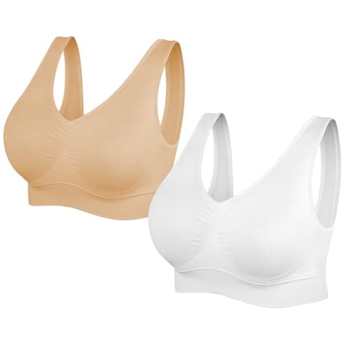 Image of SIMIYA Super Comfort Bra, Womens Sports Bras Removable Pads Plus Size Sleep Bras for Girls in Yoga Bralette Leisure Stretch Crop Tops Vest (L, 2 Pack White+Beige)