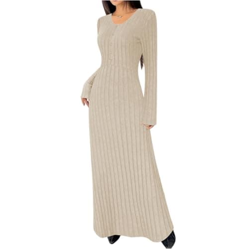 Image of Winter Jumper Dress for Women UK Round Neck Knitted Sweater Skirts Button Front Midi Ladies Long Sleeve Bodycon Casual Party Tunic Dresses XL Khaki
