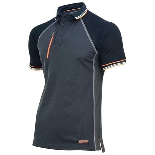 Image of WrightFits Men’s Core Active Work Polo Shirt – 2-Tone Grey & Black Short Sleeve Outdoor Workwear Polo T Shirt, Breathable Polyester with Mesh Panels, Raglan Sleeve & Zipper Chest Pocket, Regular Fit