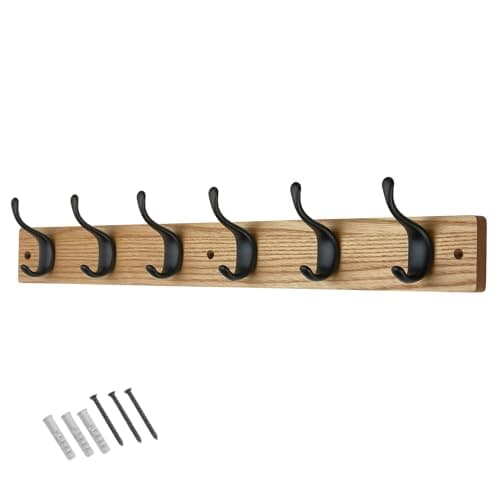 Image of keypak 6 Matte Black Coat Hooks on Ash Effect Wooden Board - 68cm Modern Wall Mounted Coat Rack Clothes Hanger