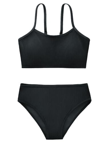 Image of Girl's 2 Piece Swimsuit Solid Spaghetti Strap Bikini Sets Beach Bathing Suit Swimwear for Teen Kids Black