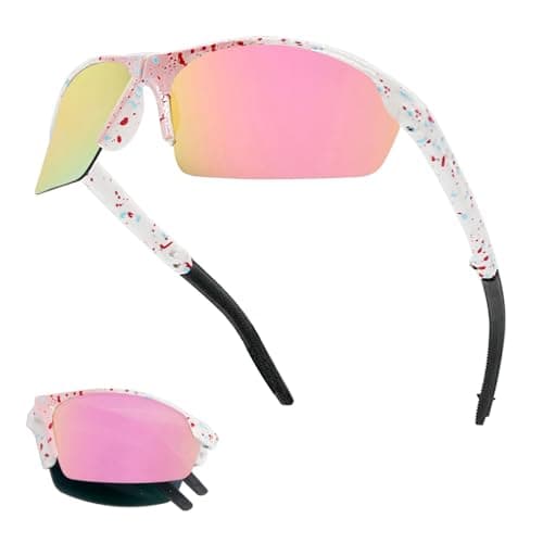 Image of Long Keeper Foldable Sports Sunglasses for Men Women Youth Sports Running Glasses Windproof Cycling Goggles Softball Baseball Glasses UV Protection Shades (White Pink Frame Pink Mirrored Lens)