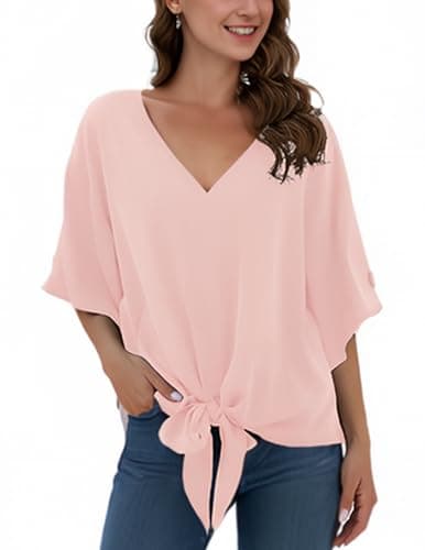 Image of Anelune Ladies'Chiffon Blouses with V-Neck and Front tie Batwing Sleeves Short Sleeves Summer Tops and Shirts Pink
