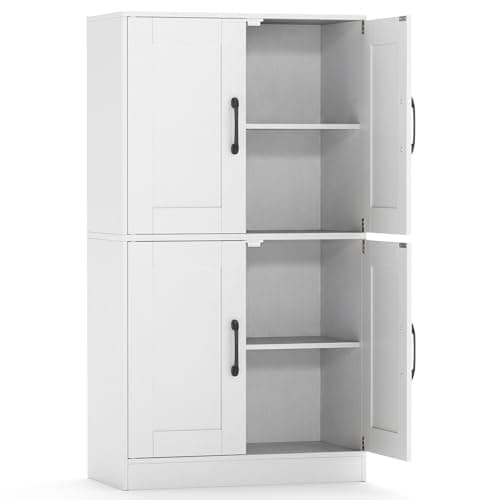 Image of TANGZON Tall Kitchen Cupboard, Tall Storage Cabinet with 4 Doors & 2 Adjustable Shelves, Freestanding Wooden Sideboard Unit for Pantry Dining Living Room (60 x 30 x 110cm, 4-Tier, White)