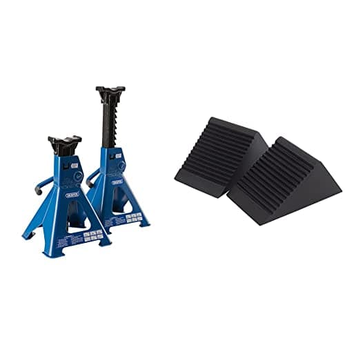 Image of Draper 30881 Ratcheting Axle Stand, 3 Tonne Capacity, 34mm x 90mm Saddle, Pair & 54500 Rubber Wheel Chock, Pack of 2