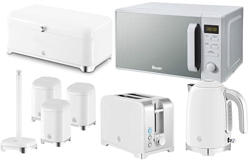 Image of Swan Solace White Kitchen Set – 1.7L 3KW Kettle, 2 Slice Toaster, Bread Bin, Canisters & Kitchen Roll Holder with 20L 800W Digital Microwave – Matching Gloss White Appliances