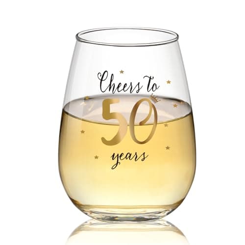 Image of Livole 50th Birthday Gifts for Women, 15oz Stemless Cheer to 50 Years Birthday Wine Glass, 50th Golden Wedding Anniversary Party Decoration, Unique Unbreakable Wine Tumbler for Friend Turning 50
