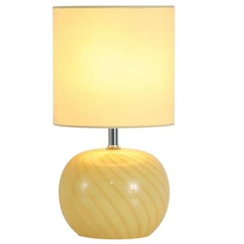 Image of Britalia Glass Table Lamp, Yellow Swirl Base with Linen Drum Shade, E27 Socket, 30cm Height x 16cm Diameter, 590g
