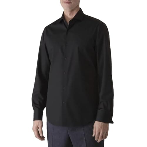 Image of JiaYouLC Men's Loose Long Sleeve Shirts 4 Way Stretch Casual Dress Shirts with Standard Collar Button Down Shirts (UK, Alpha, L, Regular, Regular, Black)