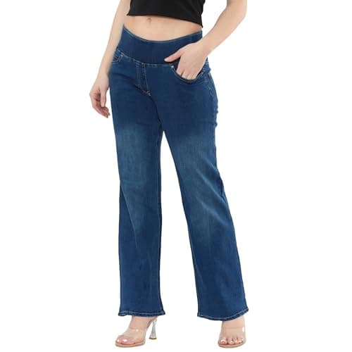 Image of MYT Women’s Elasticated High Waist Wide Leg Jeans Tummy Control Stretch Denim Comfortable Casual Everyday Ladies Jeans Mid Stonewash Blue 14 Regular