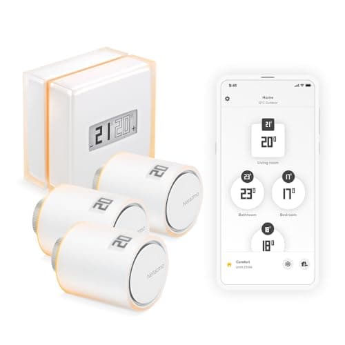 Image of Netatmo Pack of Smart Thermostat + 3 Intelligent Connected Radiator Valve, Thermostatic Heads, Wifi, Remote Control via App, Compatible with Individual Heating, NBU-NTH-NAV-EU