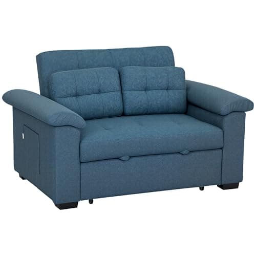 Image of HOMCOM Pull Out Sofa Bed, Fabric 2 Seater Click Clack Sofa Bed Settee with 2 Pocket Springs, Convertible Sofa Couch with Pillows and Side Pockets for Living Room, Home Office, Blue