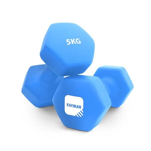 Image of KAYMAN Neoprene Dumbbell Pair with Anti-Slip Grip, Hex Edges, Water-Resistant Surface & Free Workout Poster Guide - Weight Set for Home, Gym & Fitness Training Equipment - Unisex (5kg - Blue)