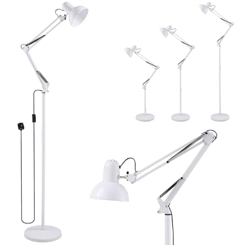Image of Warmiehomy Modern Metal Floor Lamp, Flexible Swing Arms Reading Floor Lamp Adjustable Tall Light, Floor Light Industrial Standing Lamp for Bedroom, Living Room, Studyroom, Standard Tall Lamps, White