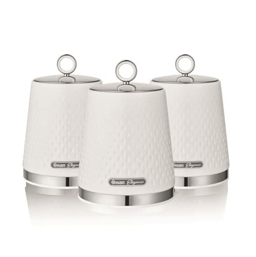 Image of Swan Elegance Set of 3 Kitchen Storage Canisters for Tea, Coffee, and Sugar with Textured Gloss Finish and Stainless Steel Accents, 1.3L, White