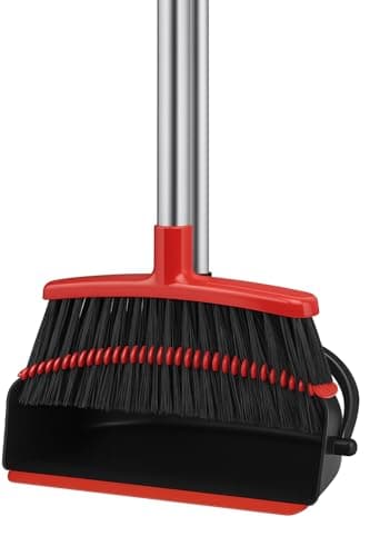 Image of BH | Broom and Dustpan Set Long Handled | Brush with Comb Teeth | Upright Sweeping | Combo for Home Kitchen Room Office Lobby Floor (Black and Red) - By BEST HOUSE