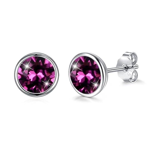Image of Josfeva Stud Earrings Silver 925 for Women, 925 Sterling Silver Studs Earrings, 8mm Purple Tiny Round Stud Earring, Small Hypoallergenic Sleeping Earring with Crystal, Ear Jewellery Gift for Birthday