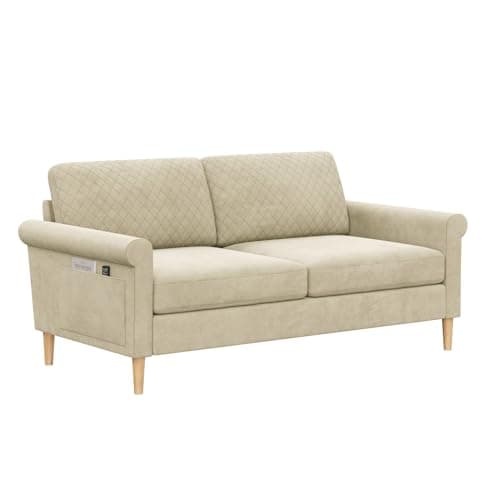 Image of Vesgantti Fabric 2 Seater Sofa, 164cm Loveseat Sofa with Bilateral Pocket Storage, Tool-free Assembly, Upholstered Couch Perfect for Living Room, Bedroom, Office, Small Space, 164L*76D*85Hcm, Beige