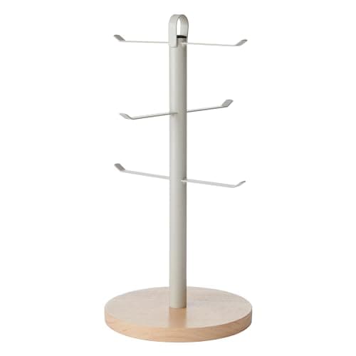 Image of KitchenCraft Idilica Metal Mug Tree with Beechwood Base, 33cm Round Free-Standing Mug Holder for Kitchen Countertop
