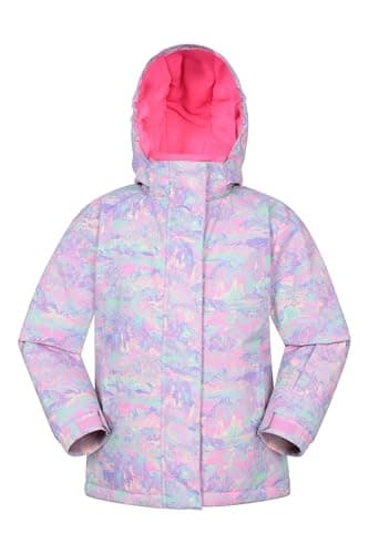 Image of Mountain Warehouse Snowdrop Printed Kids Ski Jacket - Waterproof, Integrated Snowskirt, Detachable Hood, Adjustable Cuffs -Best for Snowboarding, Winter Sports Pale Blue Kids Size 7-8 Years