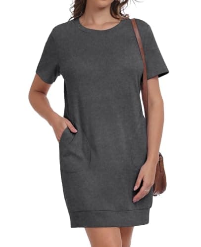 Image of PrinStory Women's Short Sleeve Dresses With Pockets Summer Causal Basic Mini T Shirt Dress For Ladies (Dark Grey,L)