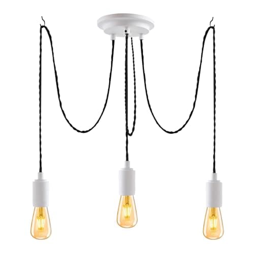 Image of JIAHUA 3Lights White Industrial Pendant Light Fitting,Multiple Spider Ceiling Pendant Lamp Chandelier with Adjustable 3M Twisted Braided Cable E27 Lamp Holder