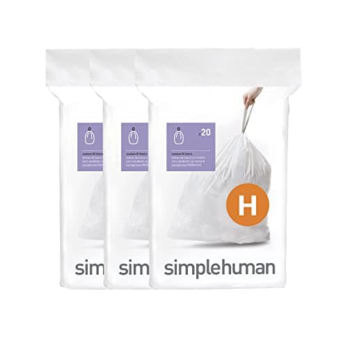 Image of simplehuman Code H 60 Liners, 50% Recycled Custom Fit Bin Bags in Dispenser Packs with Durable Drawstring Tie Handle, 30-35L, White