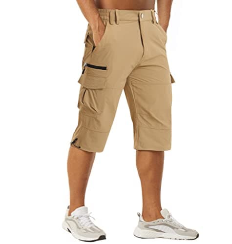 Image of MAGCOMSEN Cargo Shorts for Men 3/4 Summer Dry Fit Shorts Men Multi-Pocket Outdoor Working Shorts Casual Knee-Length Capri Shorts Khaki
