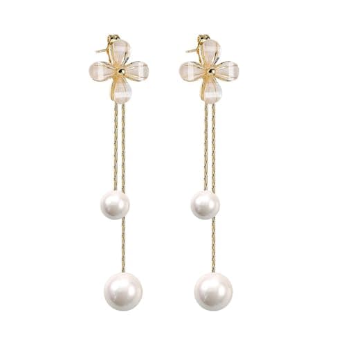 Image of Elegant Flower Stud Earring for Women Girls Sterling Silver Post Double Pearl Tassel Threader Dangle Drop Hypoallergenic Cartilage Earring Dainty Fashion Floral Jewelry Gifts Birthday
