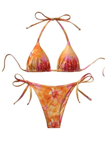 Image of GORGLITTER Women's Floral Triangle Bikini Sets Halter Tie Top String Side Bottom 2 Piece Sexy Swimwear Orange Small