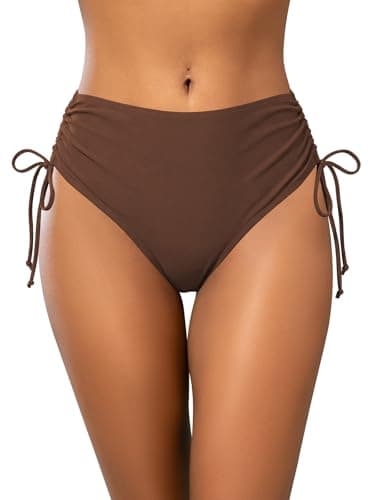 Image of SHEKINI Women's Bikini Bottoms High Waisted Swimsuits Drawstring Side Swimwear Tummy Control Ruched Bathing Suits Sandy Brown