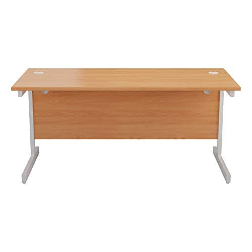 Image of Office Hippo Heavy Duty Rectangular Cantilever Desk, Home Office Table + Integrated Cable Ports, PC Desk For Office or Home, 5 Yr Wty - White Frame/Beech Top, 140cm x 80cm