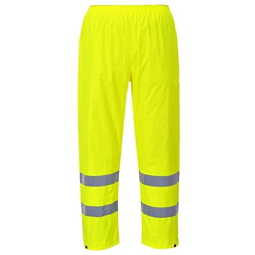 Image of Portwest H441 Hi-Vis Rain Trousers Mens Waterproof Overtrousers Lightweight Reflective Workwear Elasticated Waist Rain Pants Adjustible Hem 40+ UPF, Yellow, M