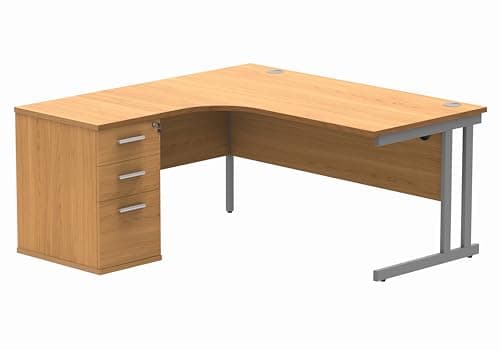 Image of Office Hippo Heavy Duty Left Corner Radial PC Office Desk With Storage, 3 Drawer A4 and Foolscap Filing Pedestal, Silver Frame, Norwegian Beech Top, 160 x 160.4 x 73 cm