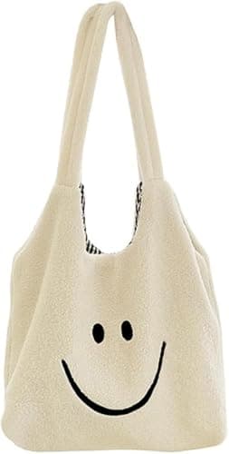 Image of Wasise Preppy Bag - White Smiley Face Cute Uni Bag, Tote Bag, Tote Handbags for School, Preppy Stuff for Teenage Girls, Fluffy, Cute, Aesthetic Stuff, Art Shopping Packet for Shopper, Large Shoulder