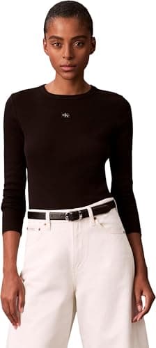 Image of Calvin Klein Women's LS Woven Label 2X2 Rib Crew TOP LV047E205G Other Tops, Black (Black), M