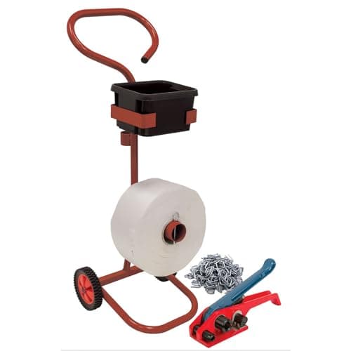 Image of Woven Polyester Strapping Kit with Tensioner - Pallet banding kit Heavy Duty Mobile Strapping Dispenser, Tensioner, and 1000 Metal Buckles 13mmx1100m