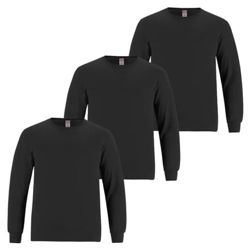 Image of 3 Pairs Mens Long Sleeve T-Shirt Top Cuffed Crew Neck Plain Jersey Tee Top Adults Casual Wear (Black, XL)