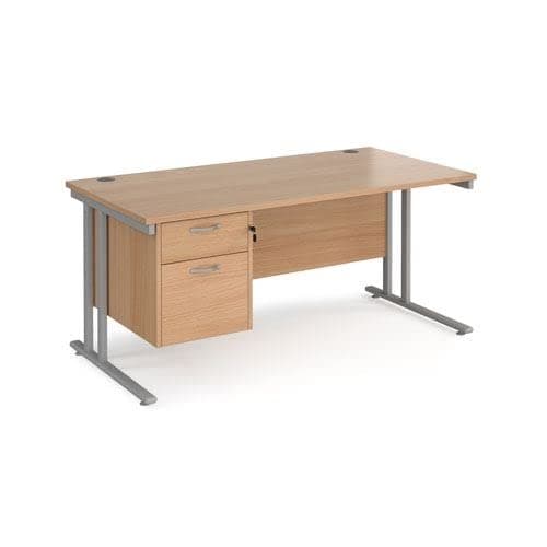 Image of Office Monster Cooper straight desk 1600mm x 800mm with 2 drawer pedestal - silver cantilever leg frame, beech top