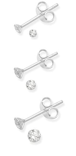 Image of Set of 3 pairs of Sterling Silver Cubic Zirconia Round Stud Earrings - SIZES: 1 pair each of 2mm, 3mm & 4mm. GIFT BOXED 5768SET