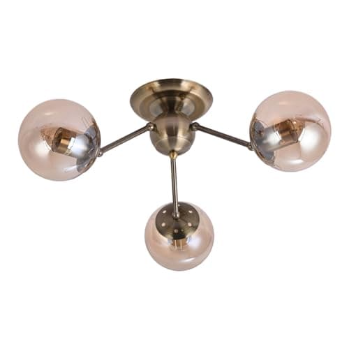 Image of TEKLED Atomic Elegance Brass & Amber Globe Ceiling Light | E27 Bulb Base | Industrial-Modern Blend Semi-Flush Mount Light Fixture | For Living Rooms Dining Halls Hallways | 3 Globe (Bulb not Included)