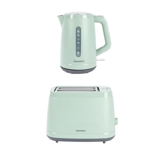 Image of Progress Neutrals Kettle & 2‑Slice Toaster Set – 1.7L 3000W Fast‑Boil Kettle, 360° Swivel Base, Boil-Dry Protection, 900W Toaster with 6 Browning Levels, Wide Slots, Removable Crumb Tray, Green
