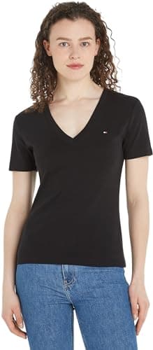 Image of Tommy Hilfiger Women’s Short Sleeve T-Shirt New Slim Cody V-Neck, Black (Black), L